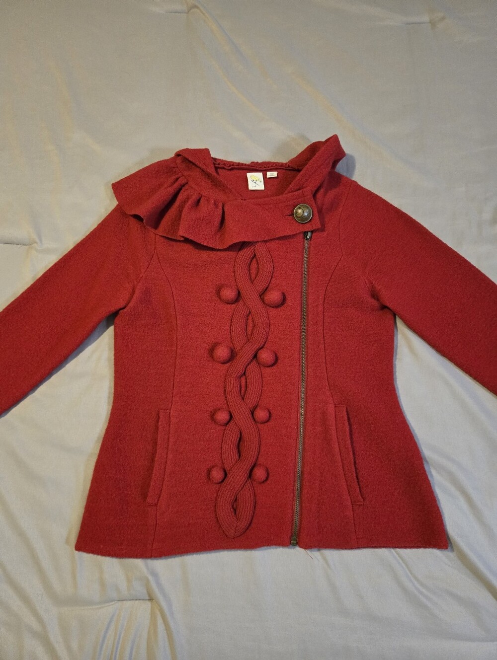 Yellow Bird Anthropologie Red 100% Wool Ruffle Hood Asymmetrical Coat Small
